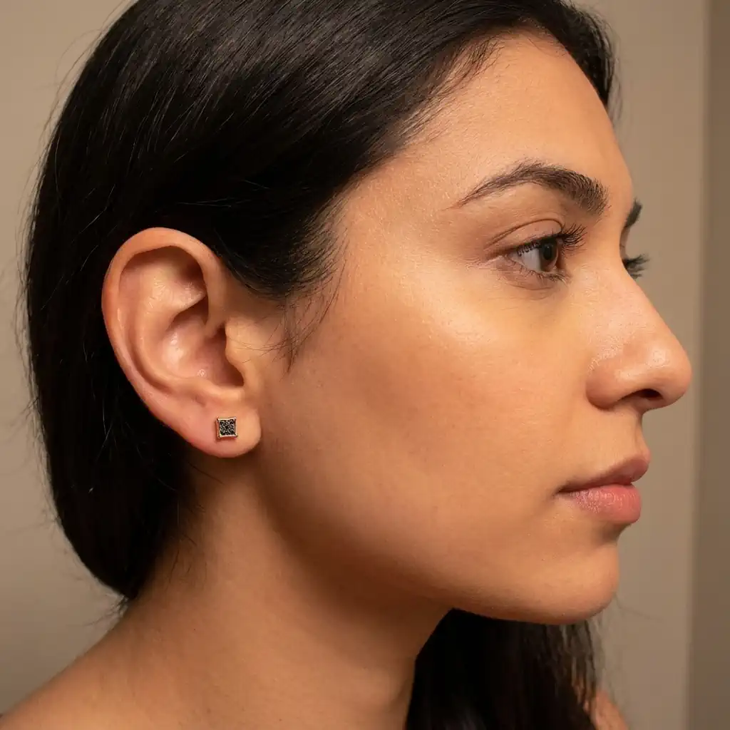 Woman wearing 0.05 carat round black diamond 6.5mm micro pave kite-shaped stud earrings in yellow plated sterling silver