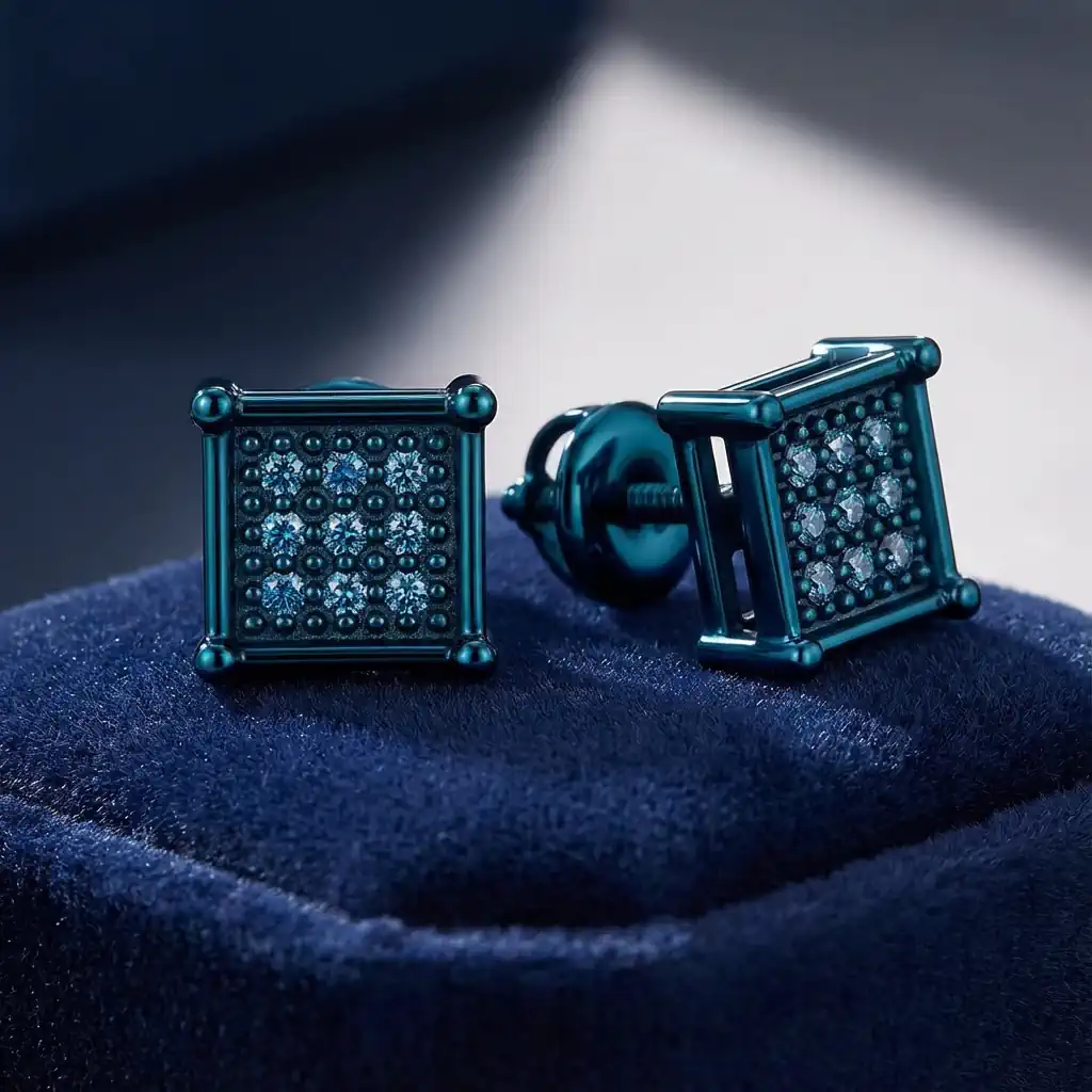 Dazzlingrock square hip hop diamond stud earrings in sterling silver with blue or black diamonds
