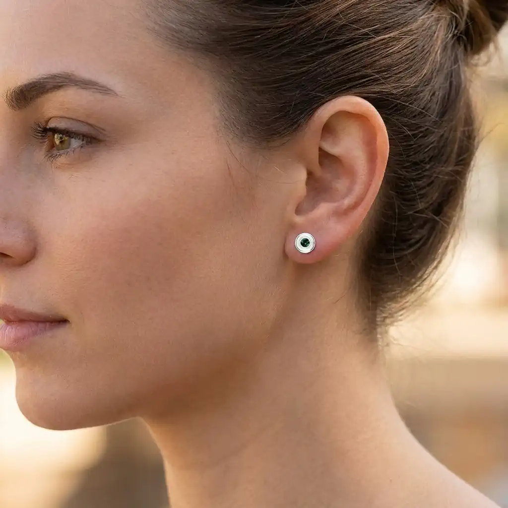 Round lab-created emerald bezel set solitaire stud earrings for women in 925 sterling silver