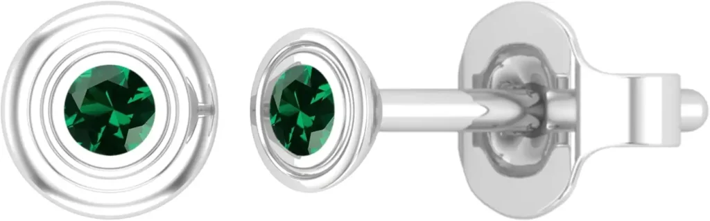 Round lab-created emerald bezel set solitaire stud earrings for women in 925 sterling silver