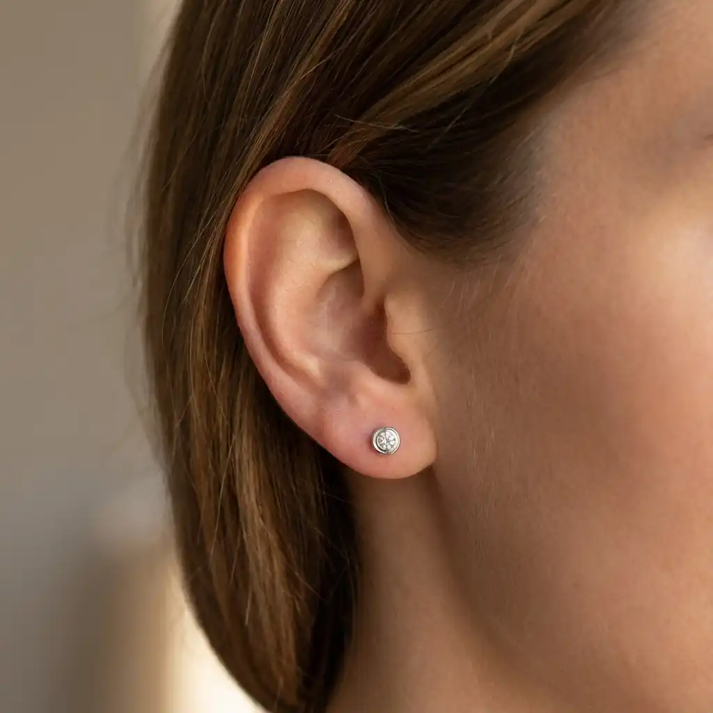 Round lab-created white sapphire bezel set solitaire stud earrings for women in 925 sterling silver