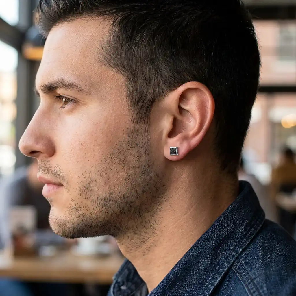 Man wearing 4.3mm kite-shaped black diamond micro pave stud earring in sterling silver
