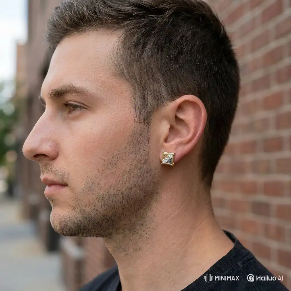 Man wearing 11mm multi-color diamond micro pave hip hop stud earring in sterling silver