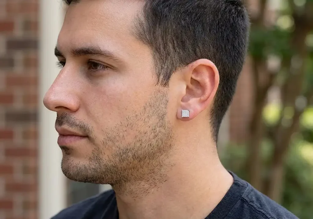 Man wearing 4.5mm square white diamond stud earring in sterling silver