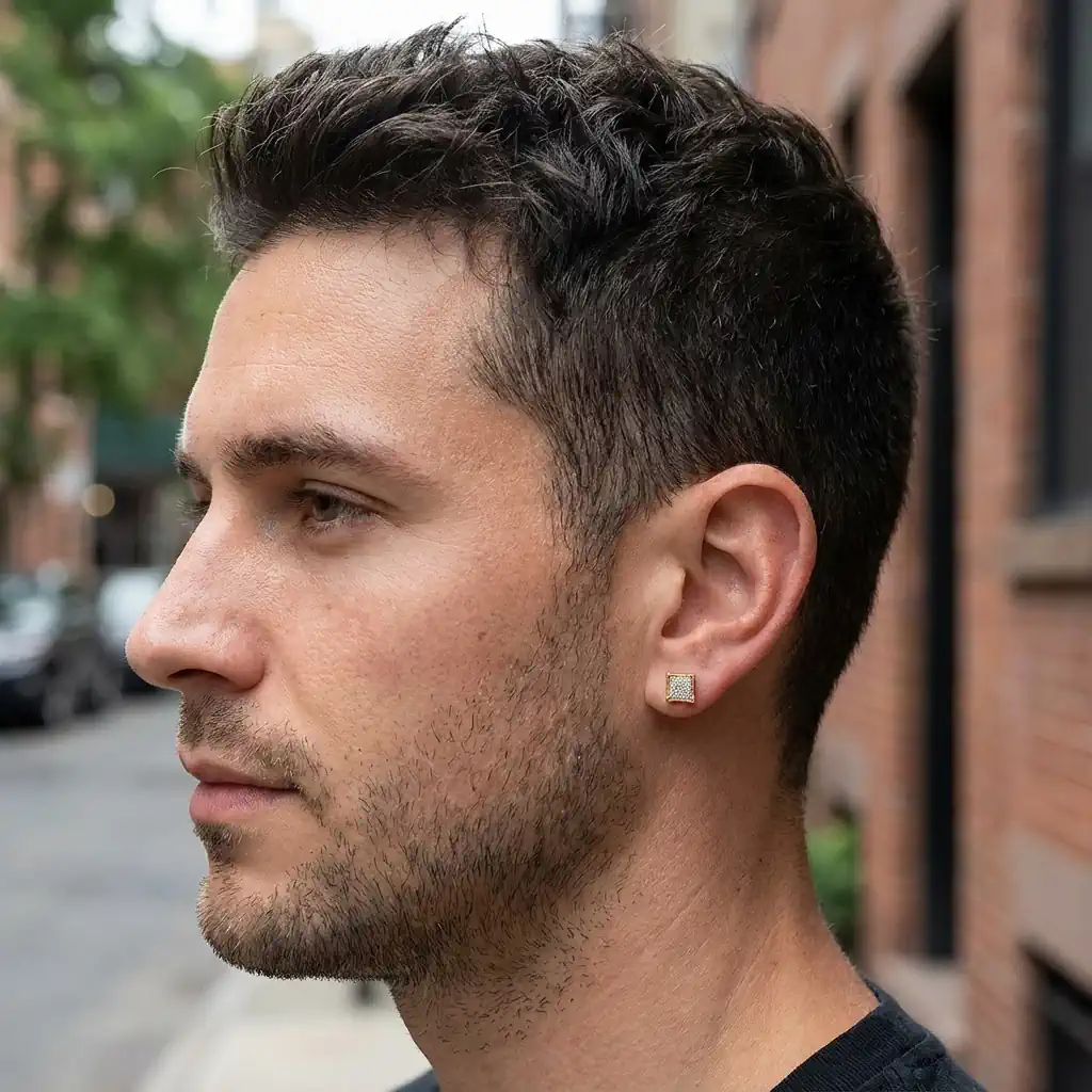 Man wearing 5.5mm square white diamond micro pave stud earring in yellow-plated sterling silver