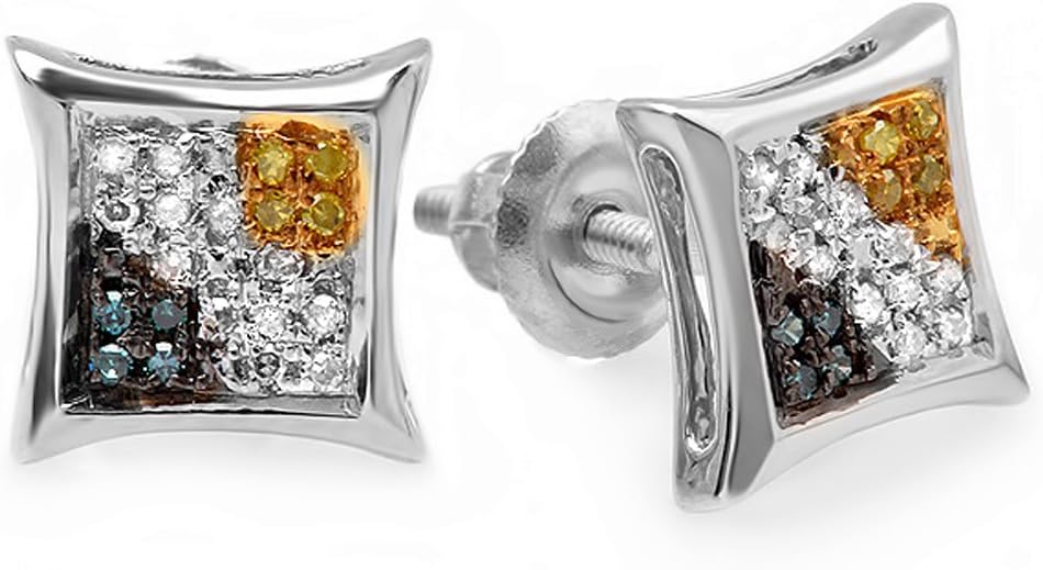 blue, white, and yellow diamond micro-pavé kite-shape hip hop stud earrings in sterling silver