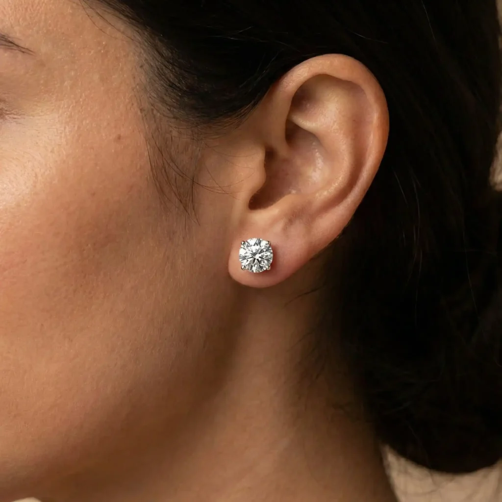 woman wearing 1.00 carat round lab grown diamond solitaire stud earrings