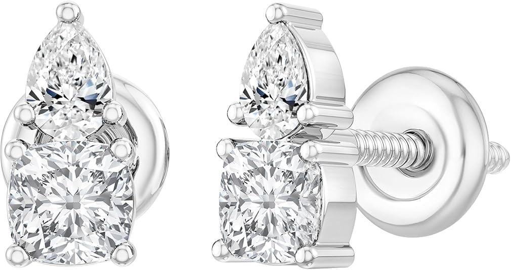 two stone stud earrings cushion and pear lab grown white diamond in 925 sterling silver