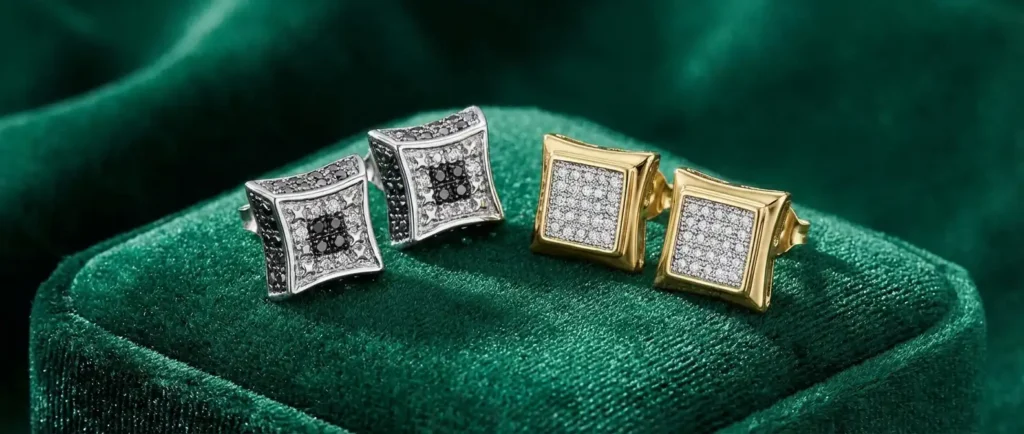 Black vs white diamond stud earrings under $100 – 9.65mm micro pave and 7.87mm kite shape comparison