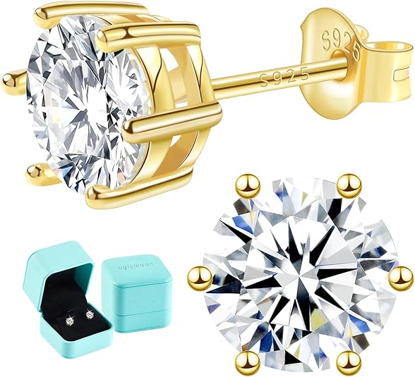 Classic solitaire moissanite stud earrings in white gold plated sterling silver