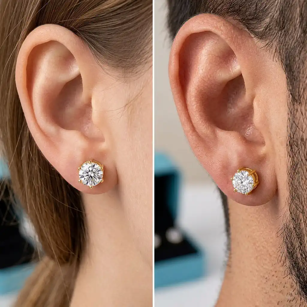 Man and woman wearing classic round solitaire moissanite stud earrings in white gold plated sterling silver