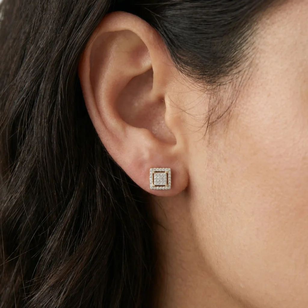 0.16ct White Diamond Square Hip Hop Stud Earring on Ear