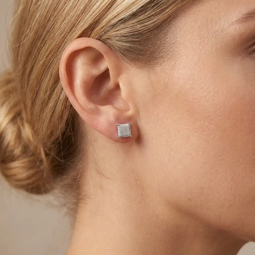 0.24ct White Diamond 6mm Square Cluster Hip Hop Stud Earrings on Ear