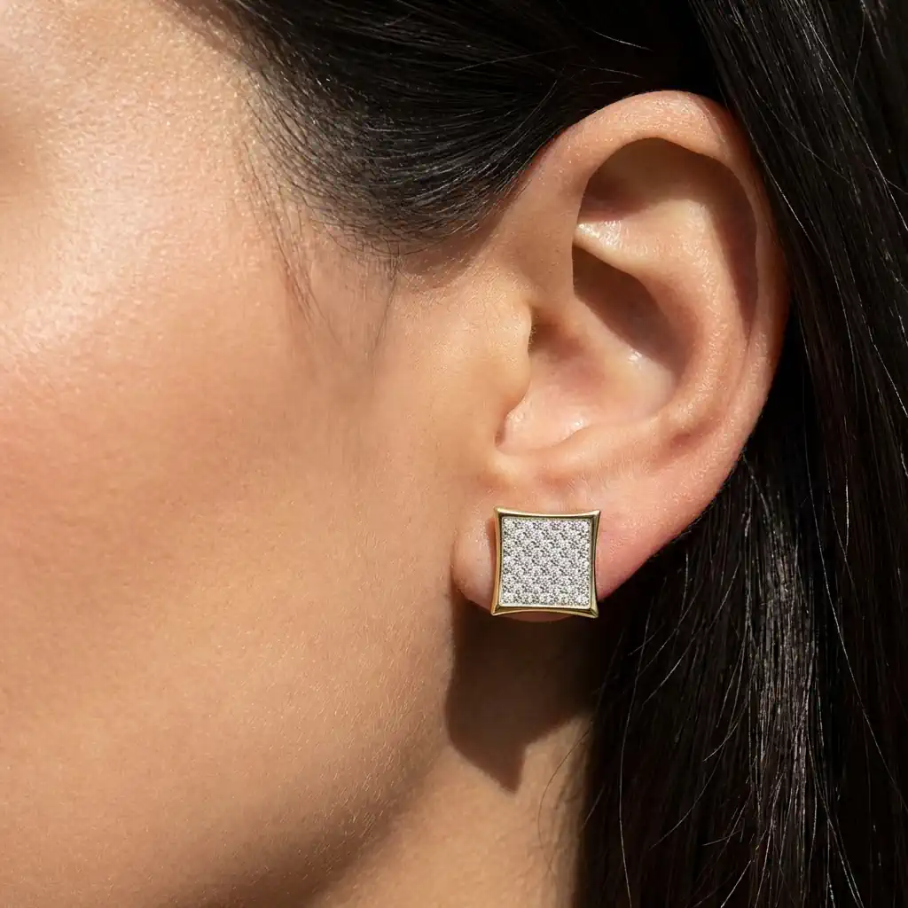 0.25ct White Diamond Kite Shaped Hip Hop Stud Earrings on Ear