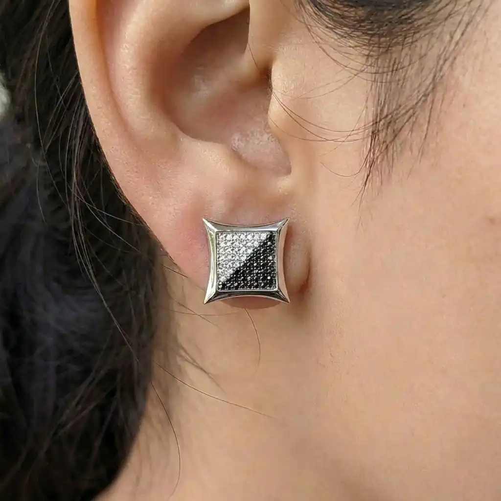 0.32ct Black & White Diamond Kite Shaped Hip Hop Stud Earrings on Ear