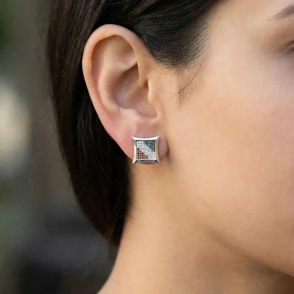 0.33ct Tri-Color Diamond Kite Shaped Hip Hop Stud Earrings on Ear