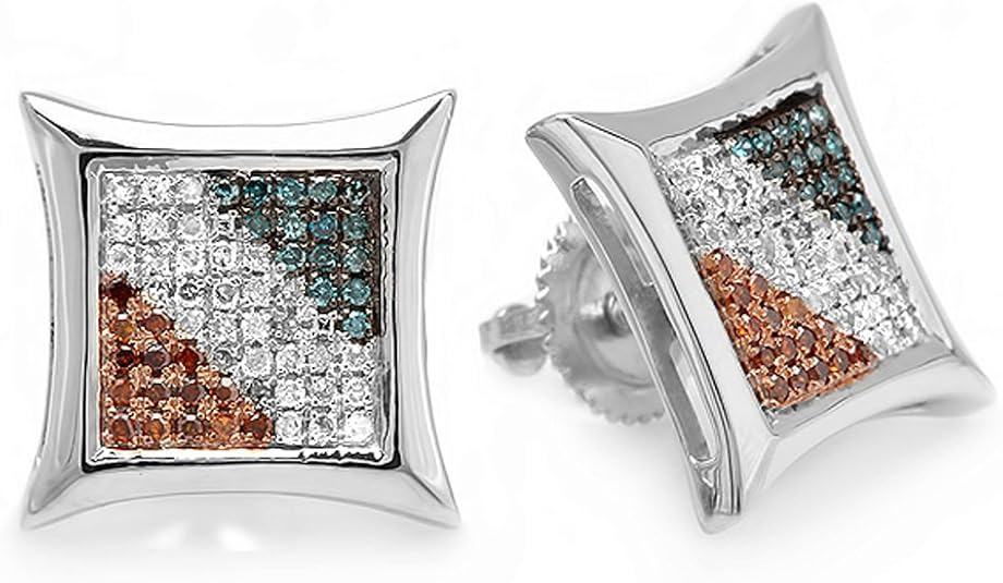 0.33ct Round Blue, White & Red Diamond Kite Shaped Hip Hop Iced Out Stud in 925 Sterling Silver