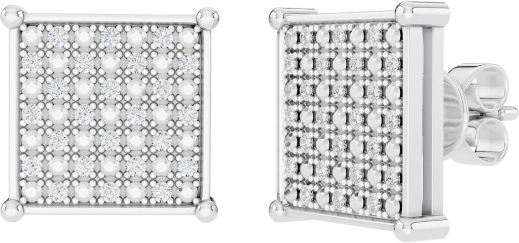 0.35ct Round White Diamond 12mm Square Hip Hop Iced Out Stud in 925 Sterling Silver
