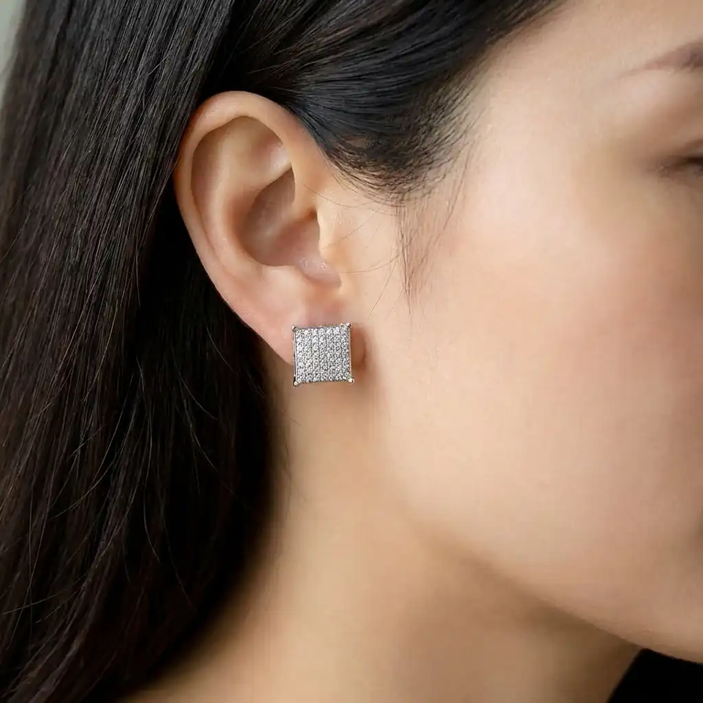 0.35ct White Diamond 12mm Square Hip Hop Stud Earrings on Ear