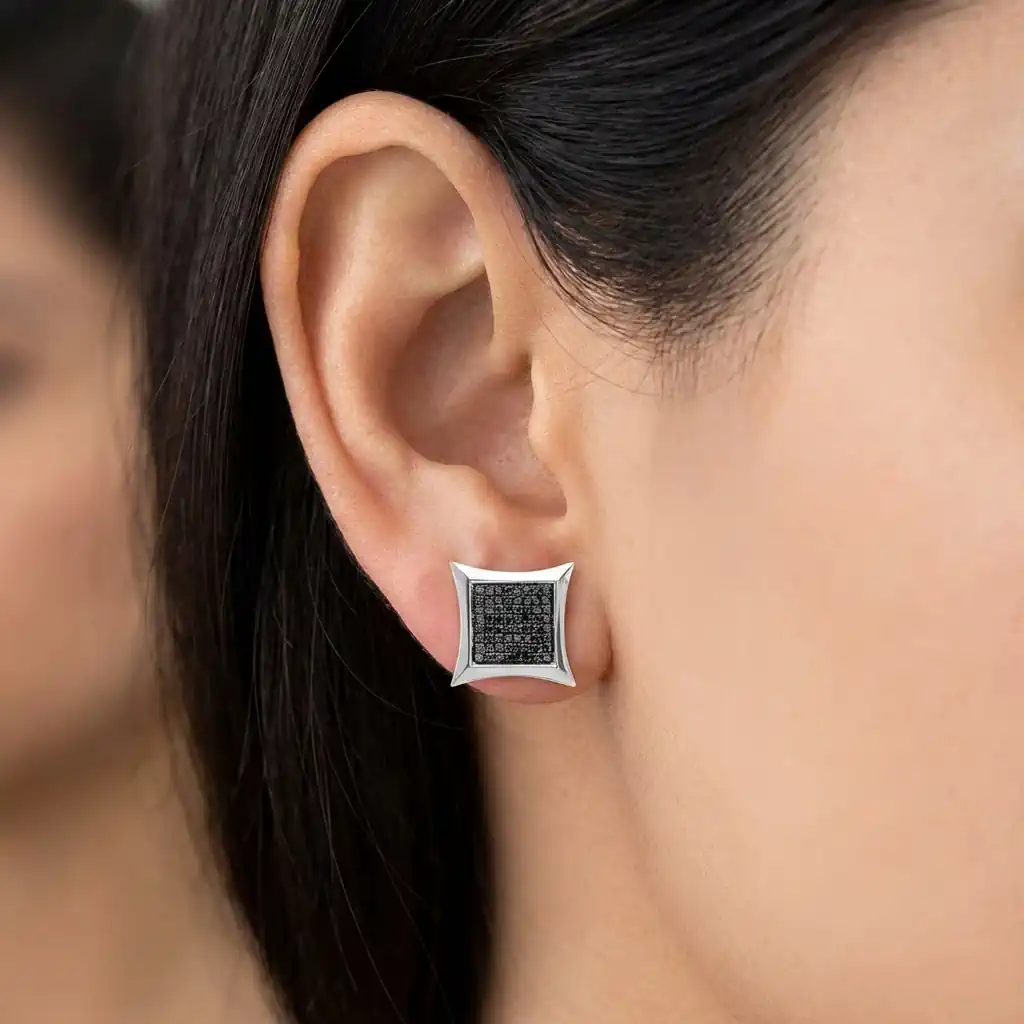 0.38ct Black Diamond Kite Shaped Hip Hop Stud Earrings on Ear