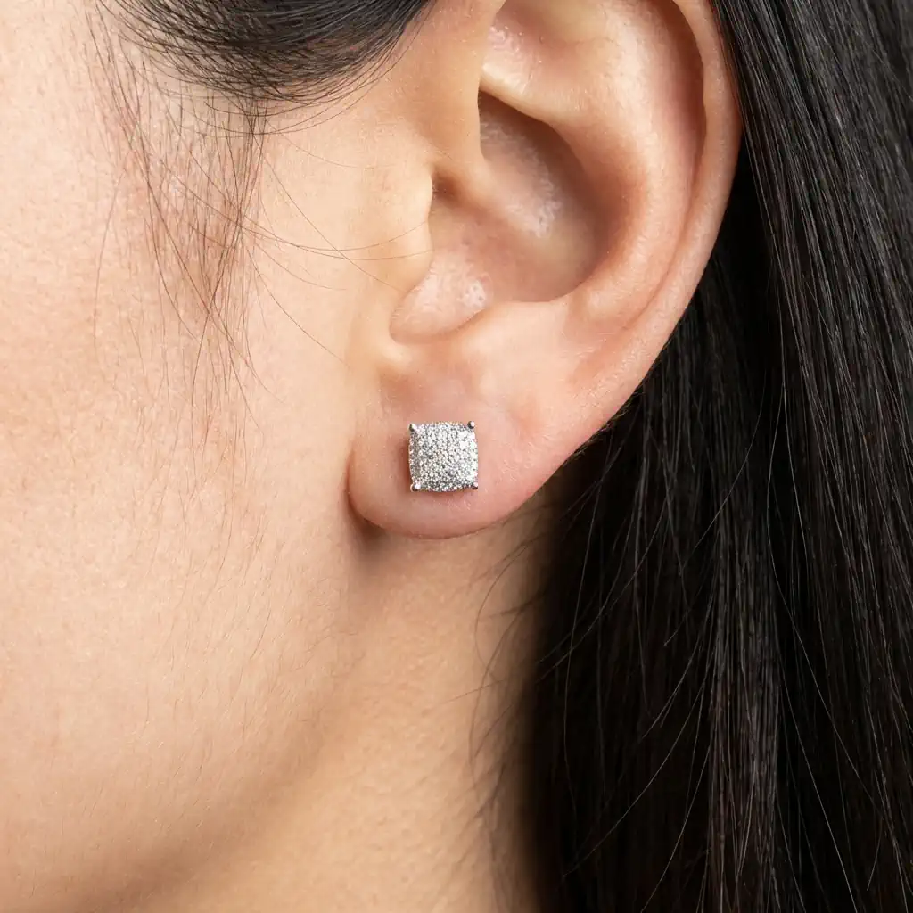 0.40ct White Diamond Dice Hip Hop Stud Earrings on Ear
