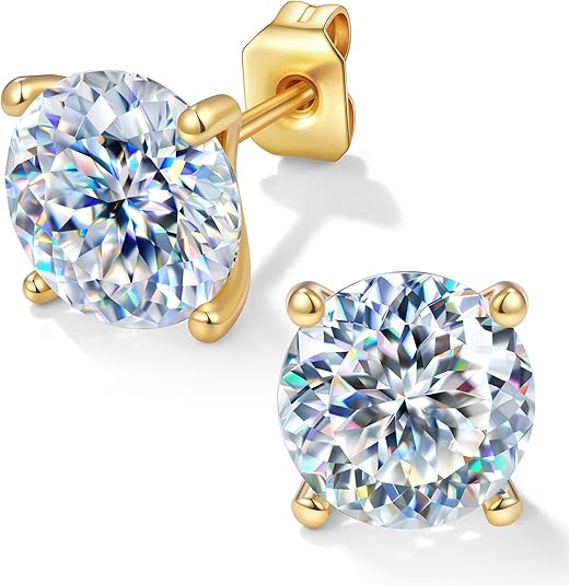 Flat back round moissanite stud earrings in gold plated sterling silver