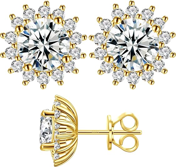 Round moissanite stud earrings in gold vermeil sterling silver