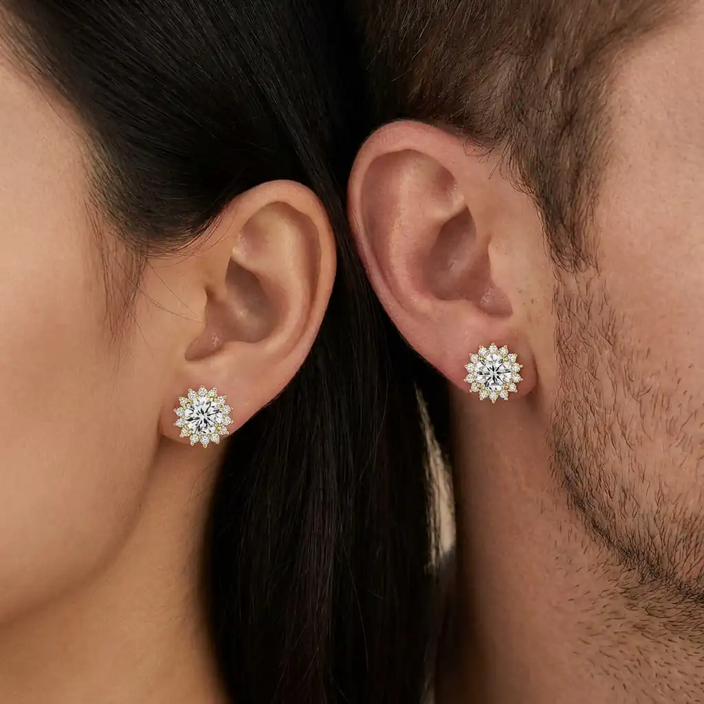 Woman an man wearing round moissanite stud earrings in gold vermeil sterling silver
