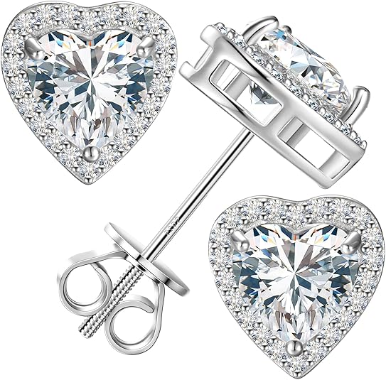 Heart halo moissanite stud earrings in white gold plated sterling silver