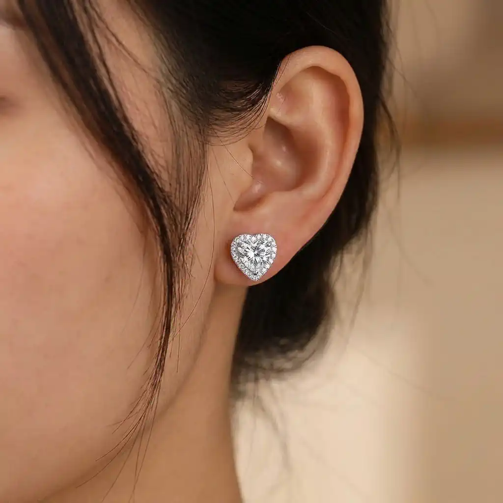 Woman wearing heart halo moissanite stud earrings in white gold plated sterling silver
