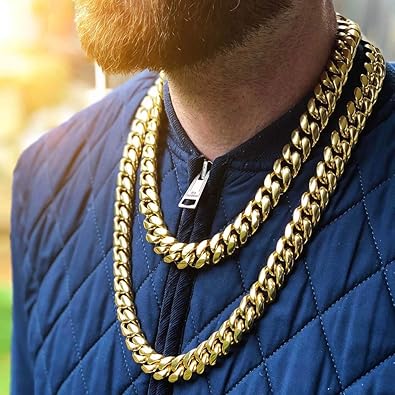 Man wearing Heavy Miami Cuban Link Chain 14k Gold-Plated Necklace
