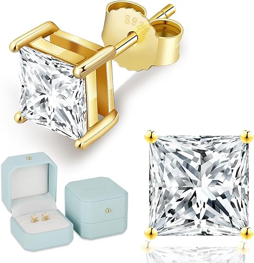 KRKC princess cut moissanite stud earrings in white gold plated sterling silver