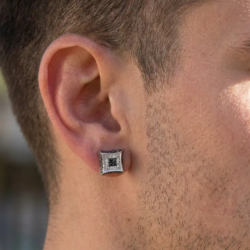 Round black and white diamond micro pave stud earrings 9.65mm worn by man – Dazzlingrock sterling silver screw back