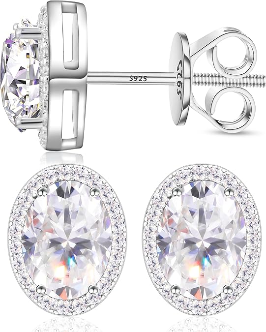 Oval halo moissanite stud earrings in white gold plated sterling silver