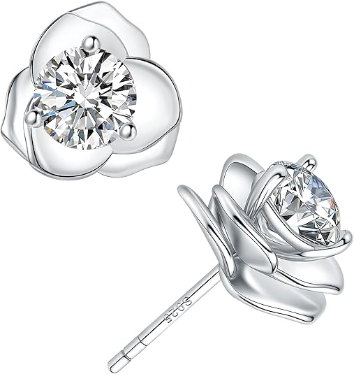 Rose design moissanite stud earrings in gold plated sterling silver