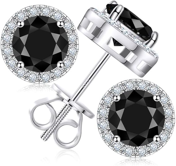 Round halo moissanite stud earrings in white gold plated sterling silver