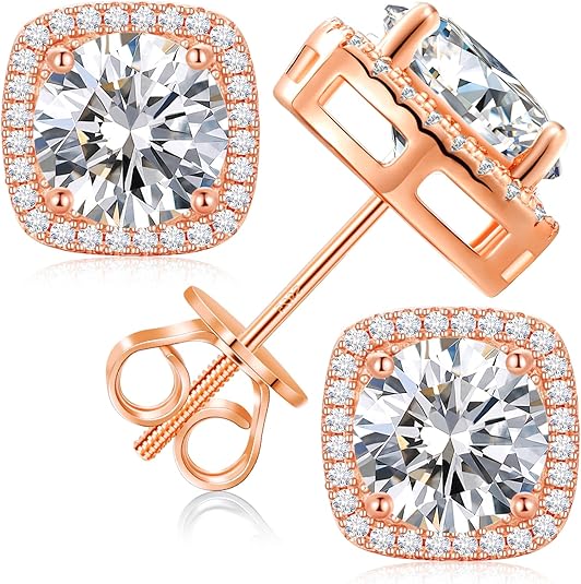 Square halo moissanite stud earrings in sterling silver