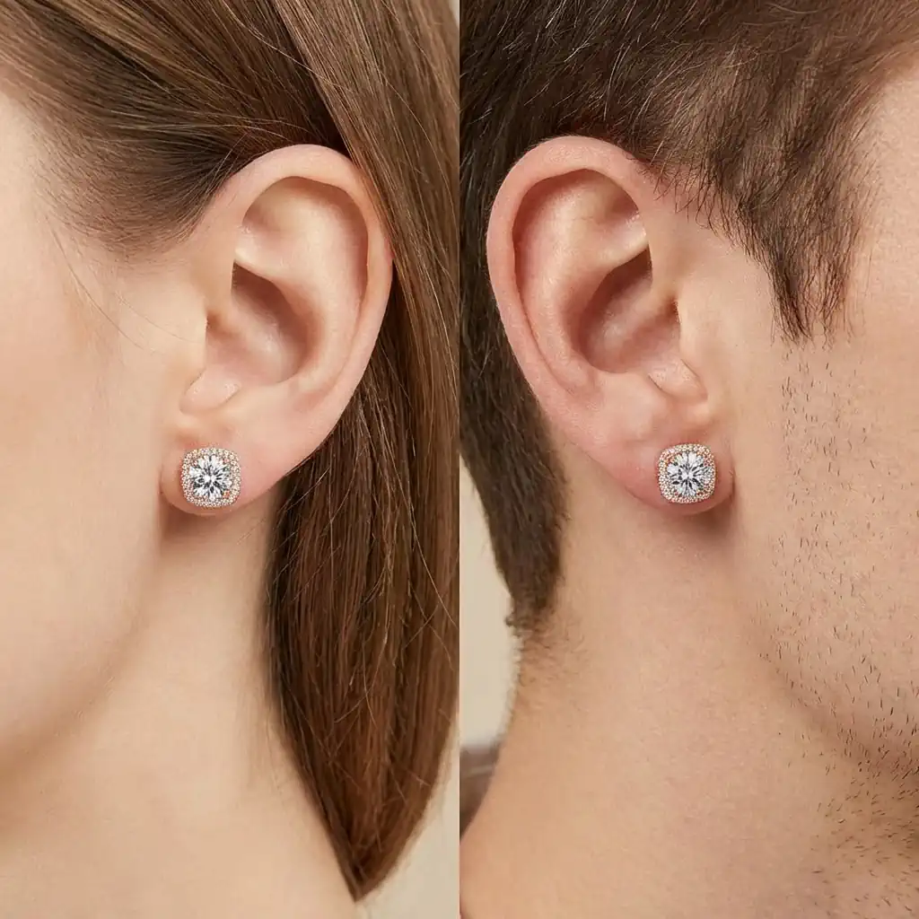 Man and woman wearing square halo moissanite stud earrings in sterling silver
