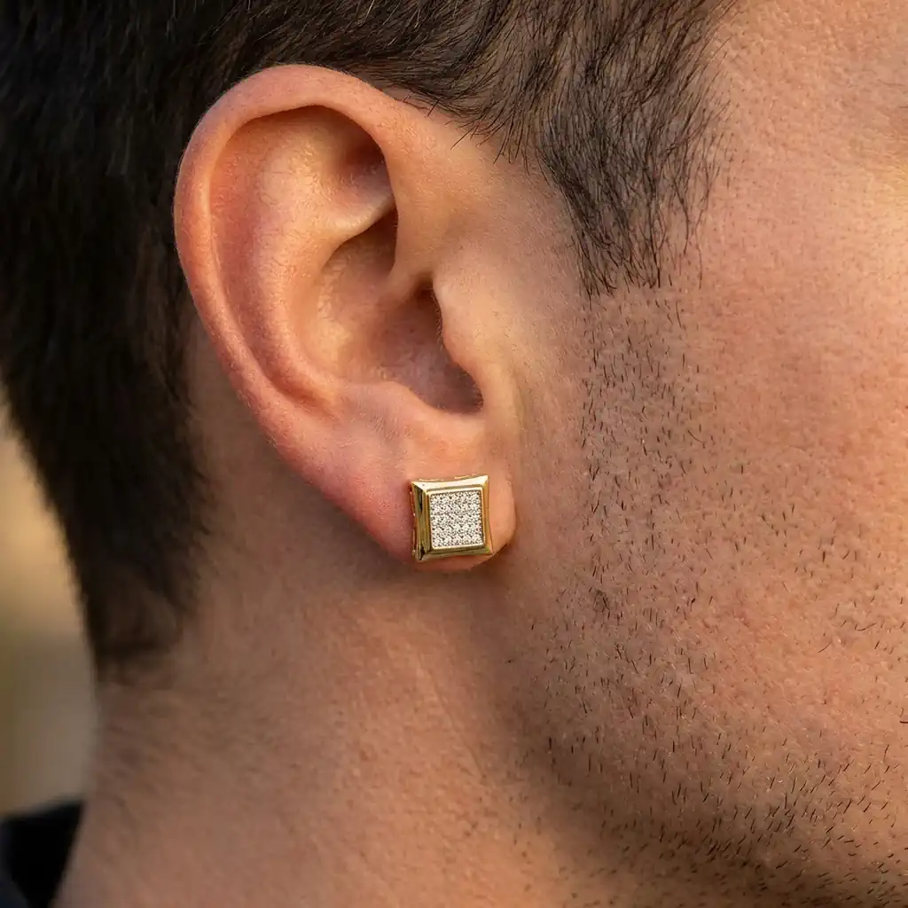 White diamond kite shape stud earrings 7.87mm worn by man – Dazzlingrock sterling silver push back