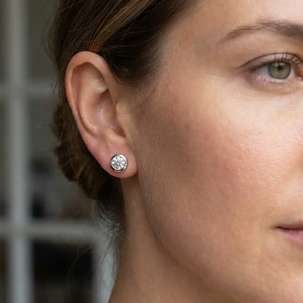 Woman wearing bezel set lab grown diamond stud earrings 14K gold modern diamond studs