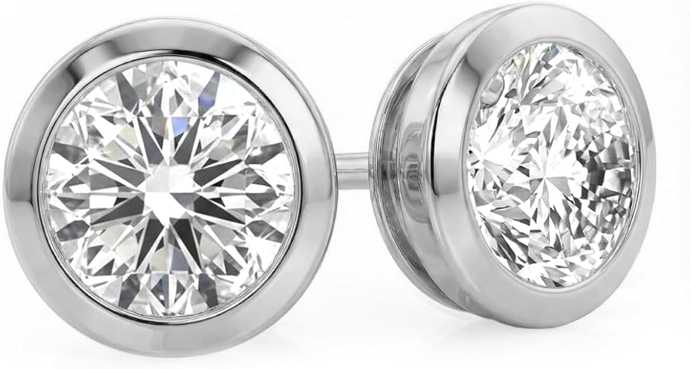 Bezel set lab grown diamond stud earrings 14K gold round diamond studs modern bezel setting