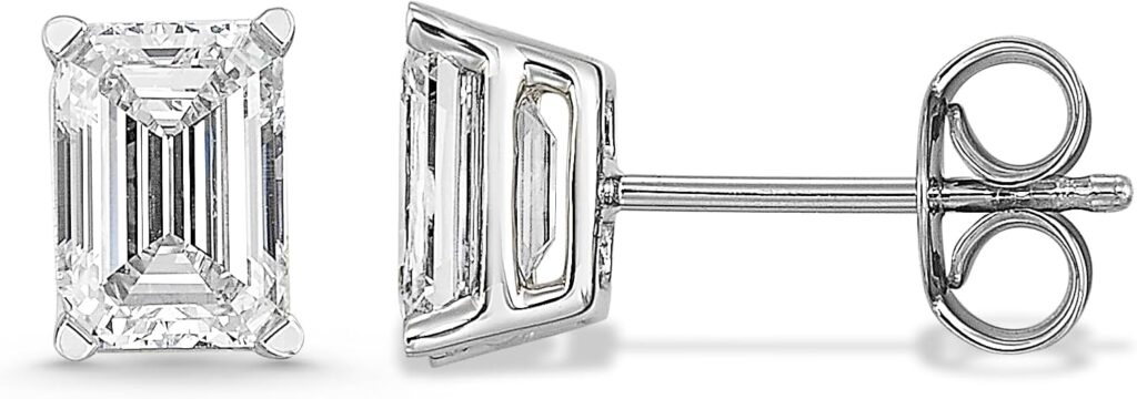 IGI certified emerald cut lab grown diamond stud earrings 14K gold rectangular diamond studs
