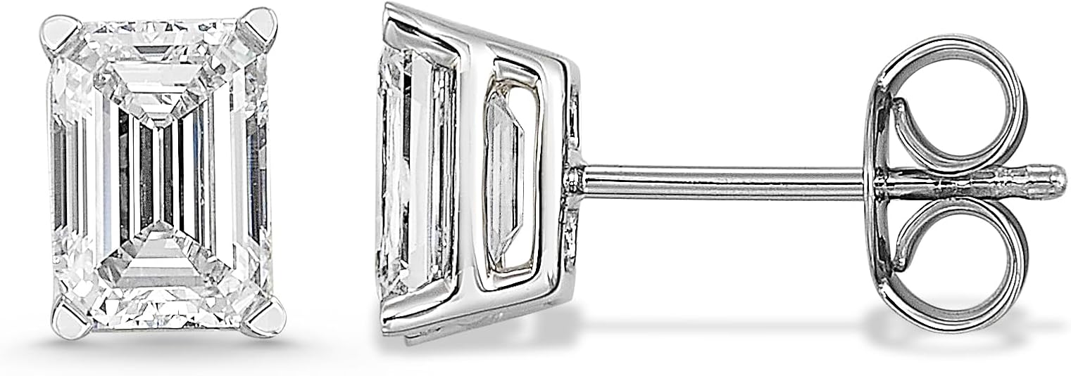 IGI certified emerald cut lab grown diamond stud earrings 14K gold rectangular diamond studs