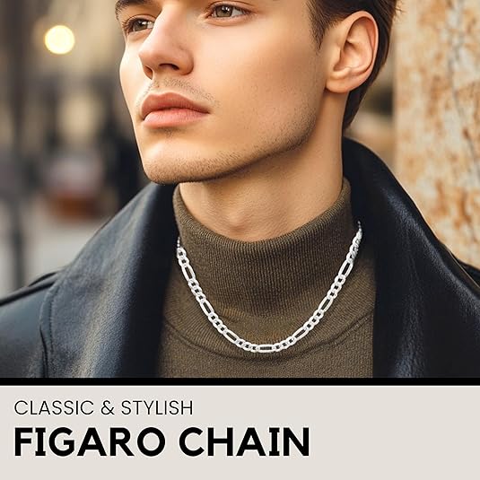 KISPER 5mm Figaro sterling silver chain worn by model
