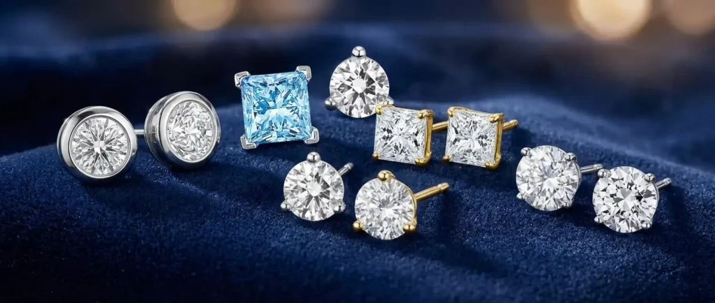 lab grown diamond stud earrings collection 14K gold IGI certified round princess and emerald cut studs