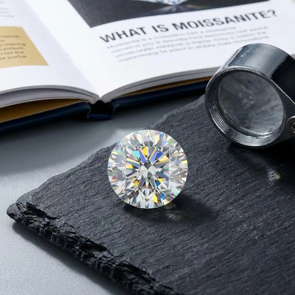 close-up of a sparkling moissanite gemstone showing rainbow fire and brilliance
