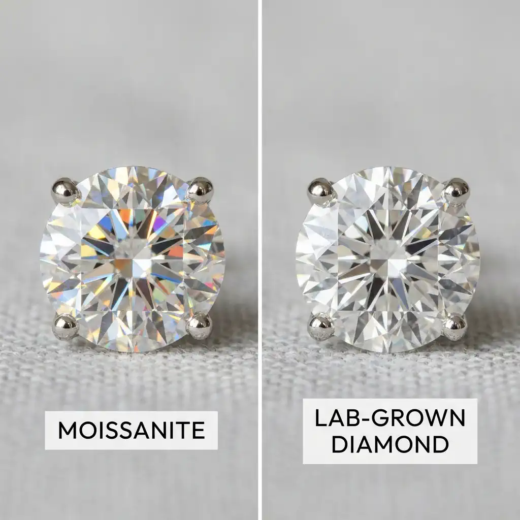 close-up of moissanite and lab-grown diamond side by side highlighting differences in brilliance and fire
