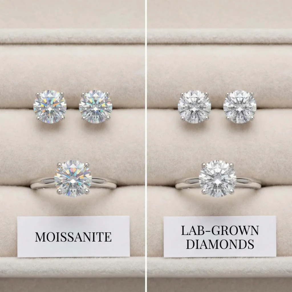 side-by-side view of moissanite and lab-grown diamond earrings and rings for comparison
