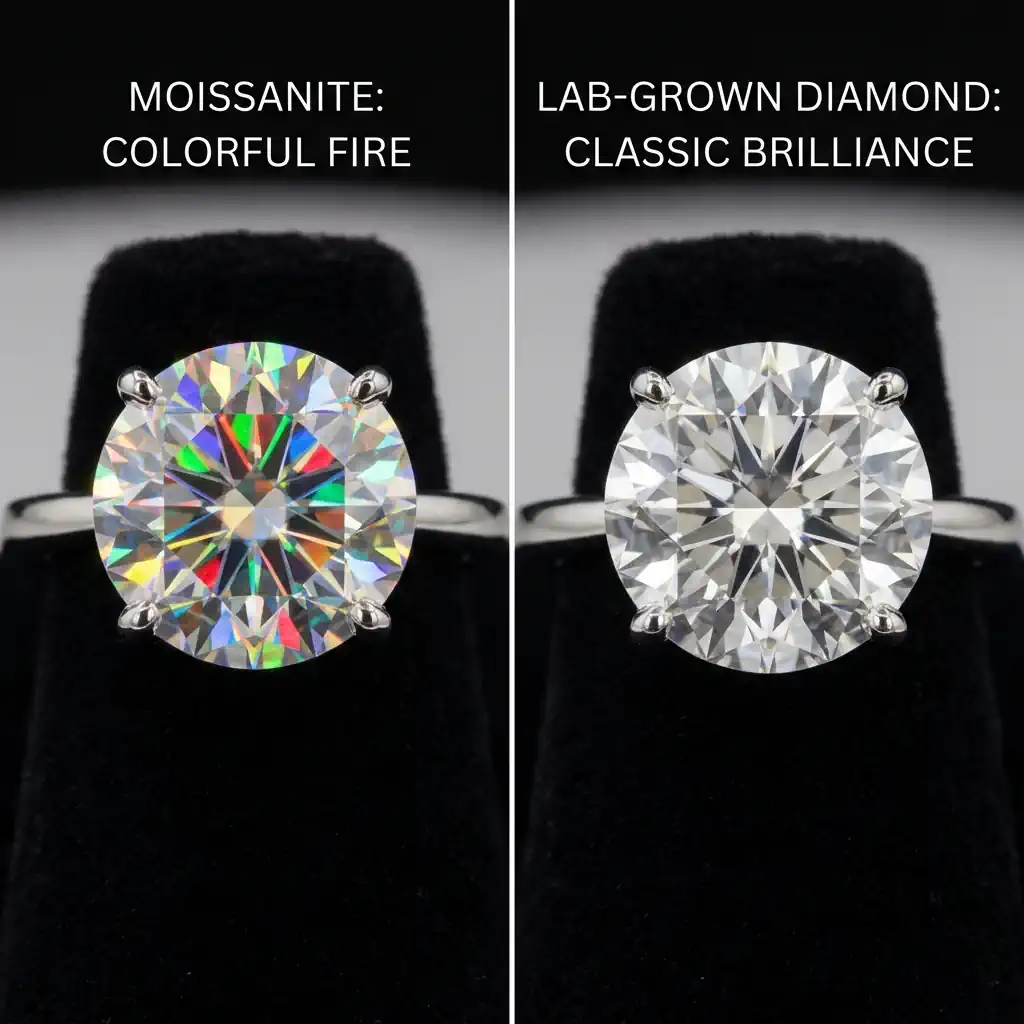 side-by-side view of moissanite and lab-grown diamond showing sparkle differences and fire
