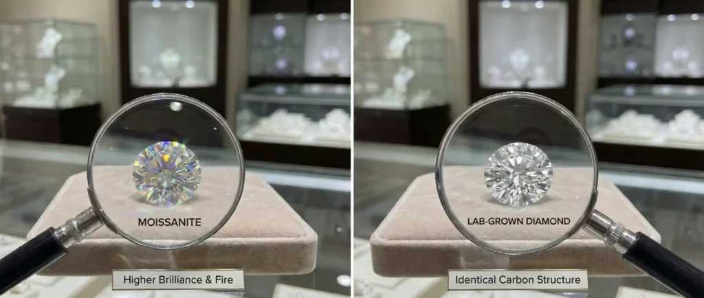 close-up of moissanite and lab-grown diamond side by side showing sparkle and brilliance